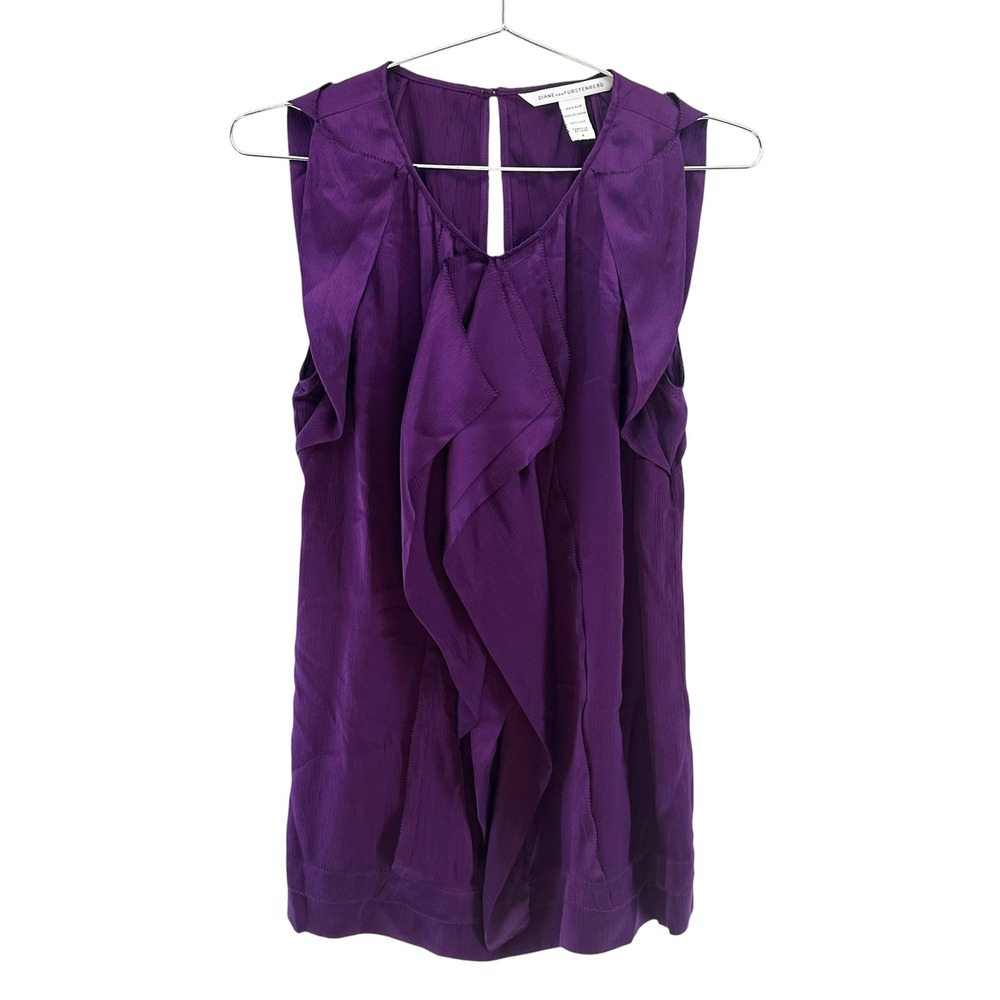 DIANE VON FURSTENBERG 100% Silk Ruffle Tank Blouse • 8 • purple quiet luxury